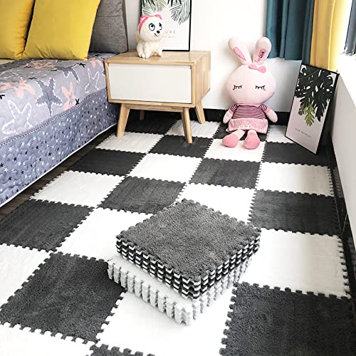 easycustomerlee 12pcs Interlocking Carpet Shaggy Soft EVA Foam Mats Fluffy Rugs Protective Floor Tiles Play Mats for Children Kids Room Home Parlor Bedroom(White)