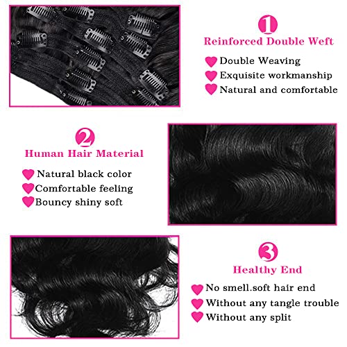 28Inch Clip in Hair Extensions Real Human Hair Body Wave 8Pcs Brazilian Human Hair Clip in Extensions with 18Clips Double Lace Weft 120g #1B Natural Black