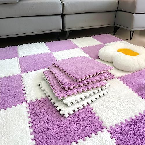 easycustomerlee 12pcs Interlocking Carpet Shaggy Soft EVA Foam Mats Fluffy Rugs Protective Floor Tiles Play Mats for Children Kids Room Home Parlor Bedroom(White)