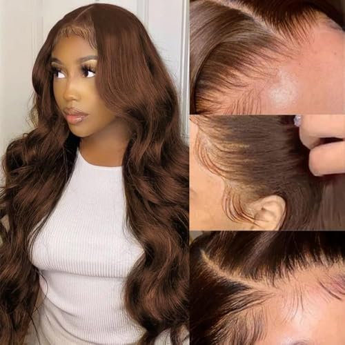 200 Density 13X6 Chocolate Brown Body Wave Lace Front Wigs Human Hair 13x6 HD Transparent Lace Front Wigs For Women Auburn Brown Colored with Baby Hair Glueless Wigs Human Hair Full And Thick 34Inch