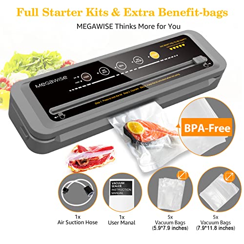 2023 Updated Vacuum Sealer Machine, MEGAWISE Food Sealer w/Starter Kit, Dry & Moist Food Modes, Compact Design with 10 Vacuum Bags & Bulit-in Cutter(Grey)