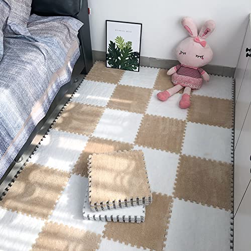 easycustomerlee 12pcs Interlocking Carpet Shaggy Soft EVA Foam Mats Fluffy Rugs Protective Floor Tiles Play Mats for Children Kids Room Home Parlor Bedroom(Khaki)