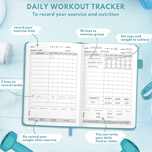 EPEWIZD Fitness Journal Hardcover Workout Planner 6- Month Undated Workout Log Book Home Gym Accessories for Women and Man-Sierra Blue
