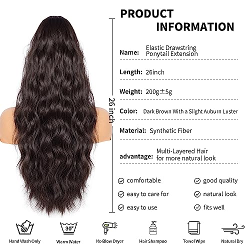 Drawstring Ponytail for Women, 26 inch Long Ponytail Extension, Soft Synthetic Pony Tails Hair Extensions, Clip in Ponytail Hair Extension for Daily Use (Dark Brown With a Slight Auburn Luster)