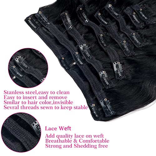 28Inch Clip in Hair Extensions Real Human Hair Body Wave 8Pcs Brazilian Human Hair Clip in Extensions with 18Clips Double Lace Weft 120g #1B Natural Black