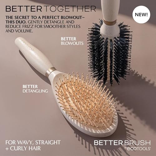 EcoTools Volumizing Round Hairbrush, Achieve Full Blow Out, Heat Resistant For Easy Blow Drying, Vegan Bristles Tame Frizz & Smooth Hair, Made With Renewable Bamboo, Cruelty-Free, 1 Count