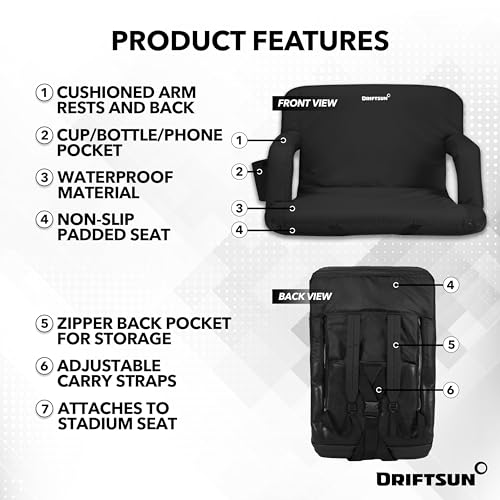 Driftsun Extra Wide Stadium Seats with Back Support - Deluxe Foldable Stadium Chairs for Bleachers - Folding Waterproof Sport Chair - Easy to Transport
