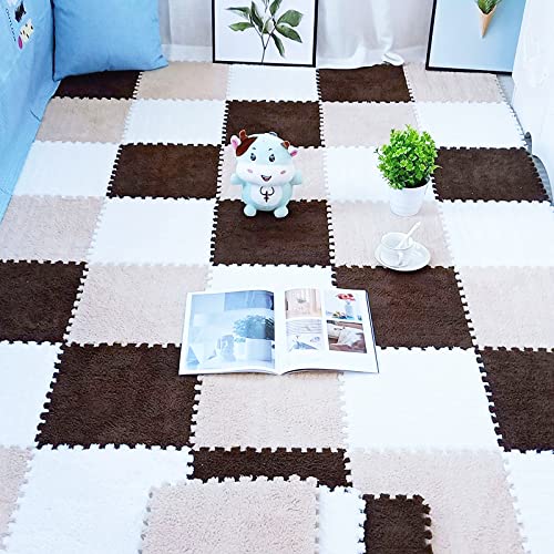 easycustomerlee 12pcs Interlocking Carpet Shaggy Soft EVA Foam Mats Fluffy Rugs Protective Floor Tiles Play Mats for Children Kids Room Home Parlor Bedroom(White)