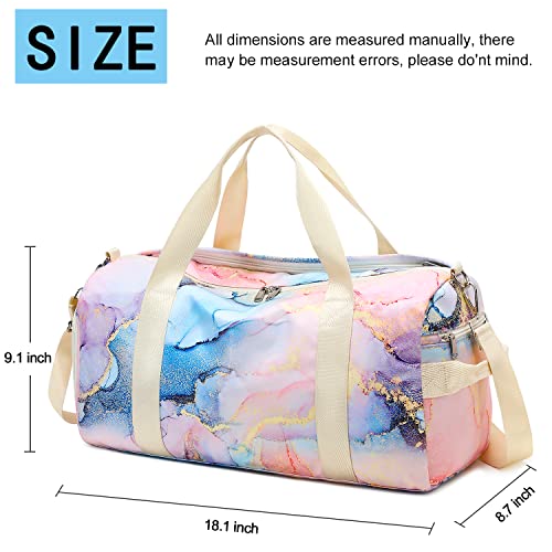 Duffle Bag for Gym Sports Women Girls Workout Travel Bag Weekender with Shoe Compartment and Wet Pocket (Marble 31 -Pink Blue)