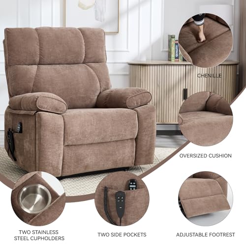 Dual Motor Power Lift Recliner Chair with Heat Massage 2 Cup Holder for Elderly Adults, Remote Control Infinite Position Electric Extra Wide Recliner Chair with Side Pocket USB for Living Room (Brown)