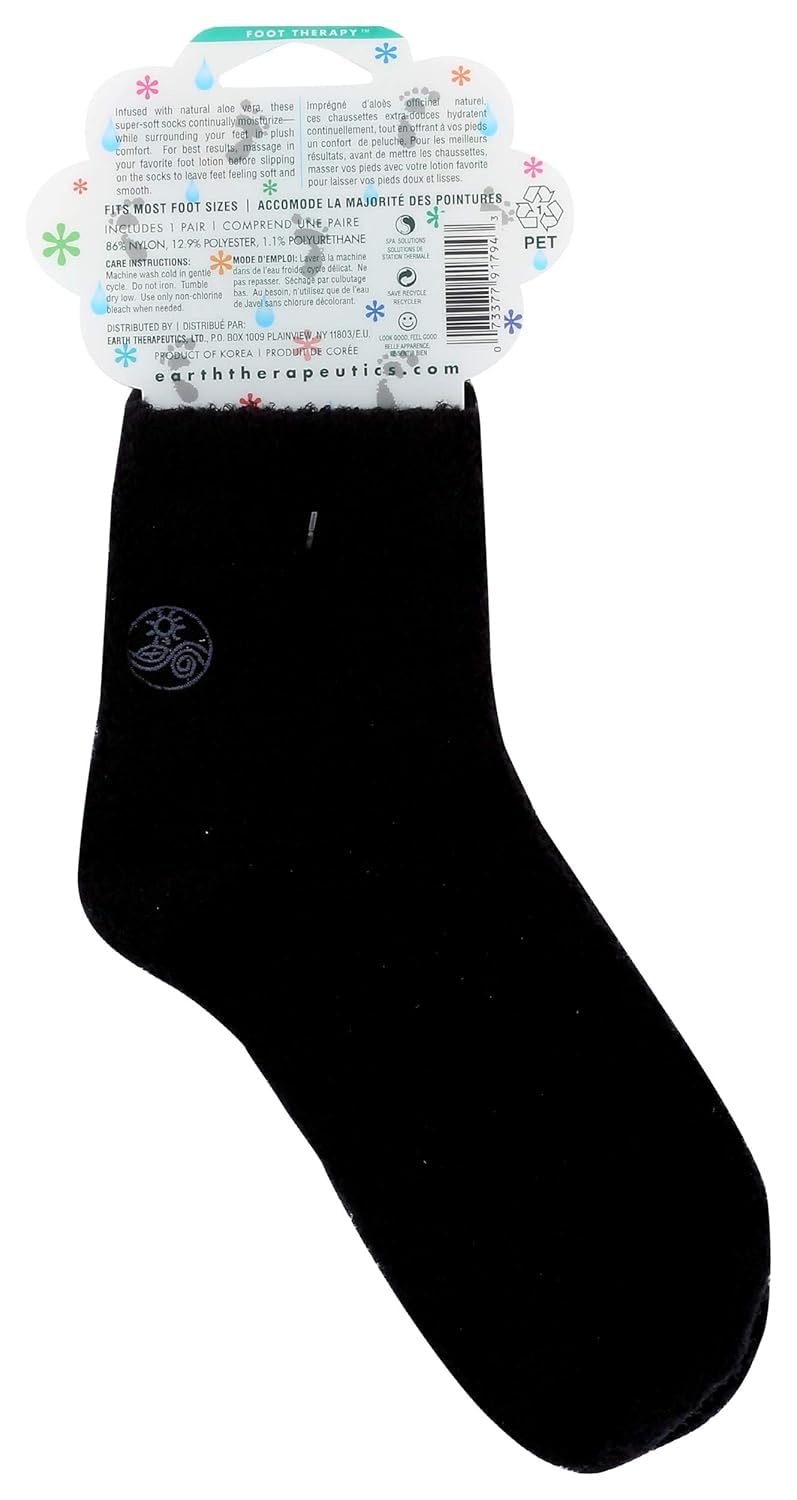Earth Therapeutics Aloe Vera Socks – Infused with Natural Aloe Vera & Vitamin E – Helps Dry Feet, Cracked Heels, Calluses, Rough Skin, Dead Skin - Use with Your Favorite Lotions - Black