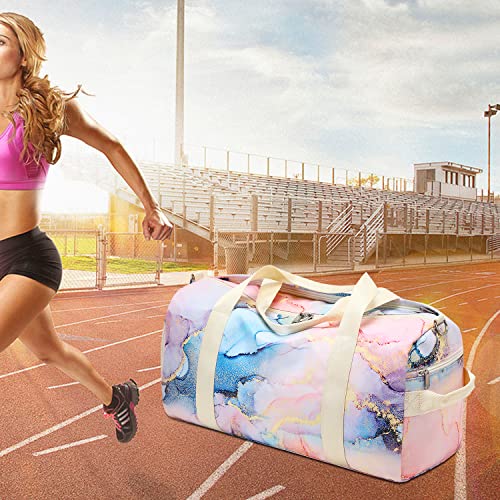 Duffle Bag for Gym Sports Women Girls Workout Travel Bag Weekender with Shoe Compartment and Wet Pocket (Marble 31 -Pink Blue)