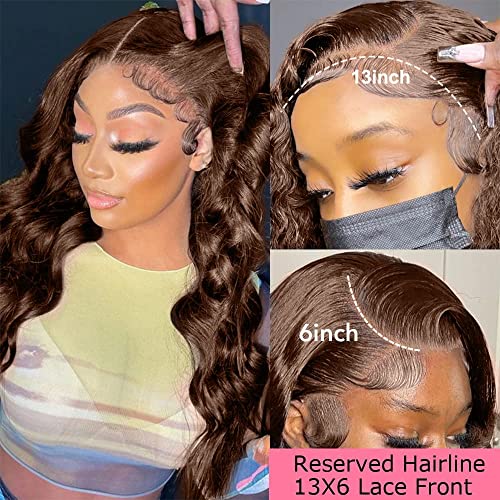 200 Density 13X6 Chocolate Brown Body Wave Lace Front Wigs Human Hair 13x6 HD Transparent Lace Front Wigs For Women Auburn Brown Colored with Baby Hair Glueless Wigs Human Hair Full And Thick 34Inch