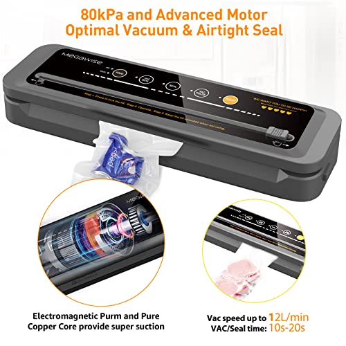 2023 Updated Vacuum Sealer Machine, MEGAWISE Food Sealer w/Starter Kit, Dry & Moist Food Modes, Compact Design with 10 Vacuum Bags & Bulit-in Cutter(Grey)