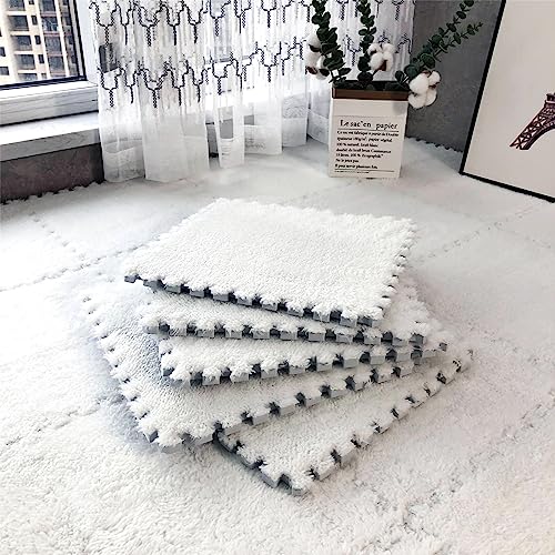easycustomerlee 12pcs Interlocking Carpet Shaggy Soft EVA Foam Mats Fluffy Rugs Protective Floor Tiles Play Mats for Children Kids Room Home Parlor Bedroom(White)