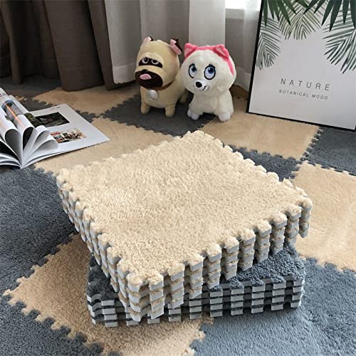 easycustomerlee 12pcs Interlocking Carpet Shaggy Soft EVA Foam Mats Fluffy Rugs Protective Floor Tiles Play Mats for Children Kids Room Home Parlor Bedroom(Khaki)