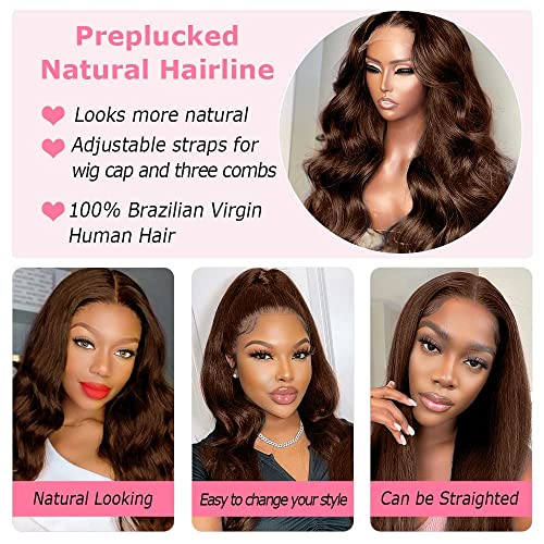 200 Density 13X6 Chocolate Brown Body Wave Lace Front Wigs Human Hair 13x6 HD Transparent Lace Front Wigs For Women Auburn Brown Colored with Baby Hair Glueless Wigs Human Hair Full And Thick 34Inch