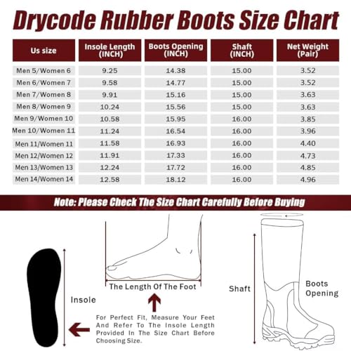DRYCODE Rubber Boots for Men and Women, Waterproof 6mm Warm Rubber Neoprene Boots, Outdoor Rain Boot, Brown, Size 5-14