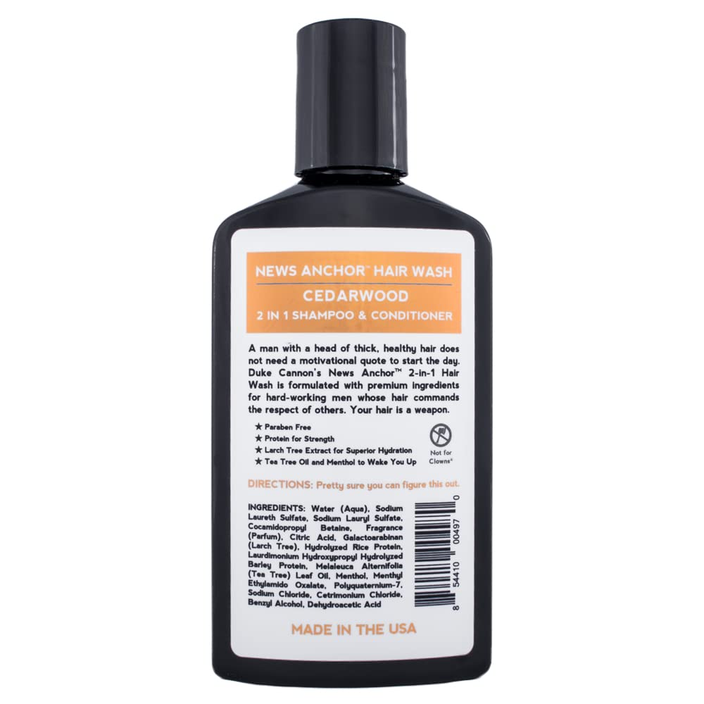 Duke Cannon Supply Co. News Anchor 2-in-1 Hair Wash Cedarwood, Tea Tree Formula - Paraben Free, Protein for Strength, Superior Hydration, No Harsh Sulfates, 10 oz. (Variety 2 Pack)