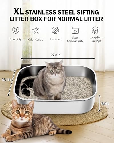 DOWANQO Stainless Steel Sifting Litter Box with Lid, Metal Litter Pan Tray with Scoop for Big Cats & Multi Cat, Extra Large Cats Litterbox Odor Control, Easy Clean (with Enclosure & Step, X-Large)