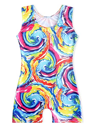 EQSJIU Gymnastics Leotards for Girls with Shorts Yellow Swirl Toddlers Biketards Rainbow Unicorn Dinosaur Mermaid Leopard Donut Galaxy