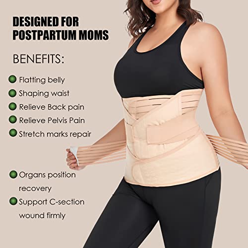 3 in 1 Postpartum Belly Band Wrap Support Recovery Girdles Abdominer Binder Post Surgery Belly&Waist&Pelvis Support Belt & Back Brace(Beige, Small/Medium)