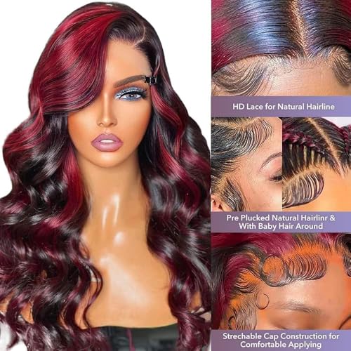 250% Density Burgundy Lace Front Wigs Human Hair Pre Plucked 13X6 Rose Red Highlight Human Hair Lace Front Wigs for Women HD Transparent Lace Frontal Wig Brazilain Virgin Hair Glueless Body Wave Wig