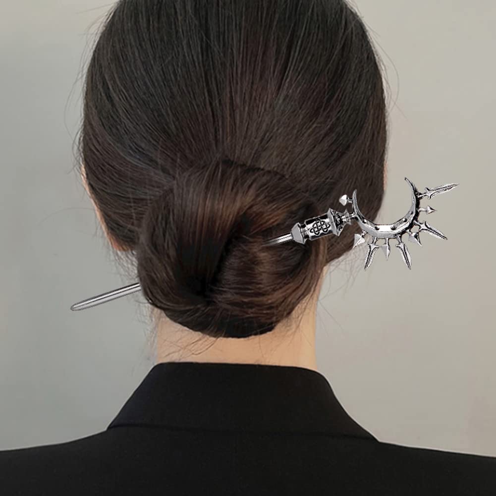2pcs Sword Moon Hair Styling Pins Black Wicca Witch Hair Slide Renaissance Festival Hair Acceossories for Women Hair Stick Antique Silver Plated
