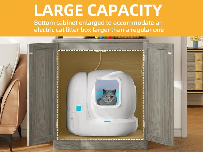 DWVO Large Hidden Litter Box Furniture with Shelves and Charging Station, Wooden Enclosure for Self-Cleaning Litter Boxes, Grey
