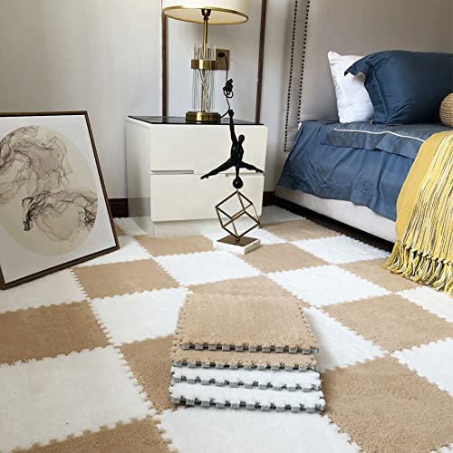 easycustomerlee 12pcs Interlocking Carpet Shaggy Soft EVA Foam Mats Fluffy Rugs Protective Floor Tiles Play Mats for Children Kids Room Home Parlor Bedroom(Khaki)
