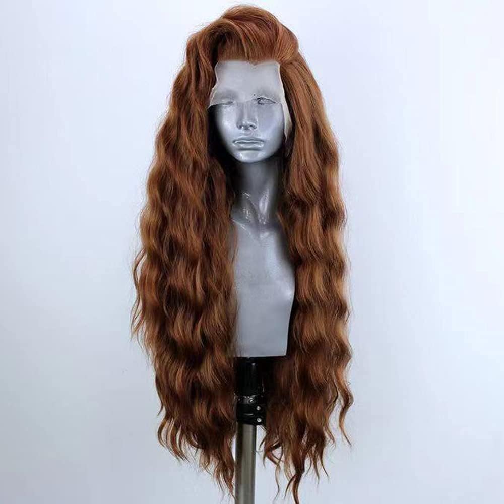 ELESTY 13 * 4 Light Brown Hair Long Wavy Synthetic Lace Front Wigs for Women Loose Curly Free Part Glueless Lace Wig Heat Resistant Fiber Hair Water Wave Cosplay Wigs 24Inch