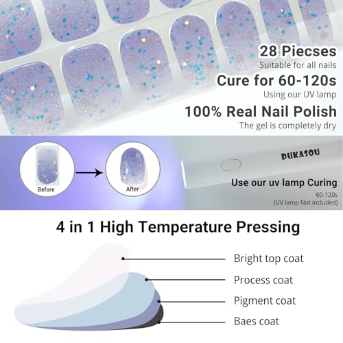 DUKASOU Semi Cured Gel Nail Strips, 28pcs Gradient Love Gel Nail Strips Work with Any UV Light, Gel Nail Stickers Full Nail Wraps for Women Girls Kids DIY Gift, Include Prep Pads, Nail File&Wood Stick