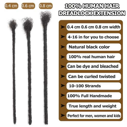 Dreadlock Extensions Human Hair 10-100 Strands 100% Full Handmade Permanent Loc Extension Human Hair for Women/Men/Kids Can Be Dyed Bleached Curled Twisted (0.4cm 1B, 10 inch 10 Strands)