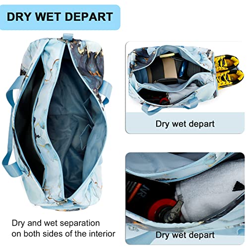Duffle Bag for Gym Sports Women Girls Workout Travel Bag Weekender with Shoe Compartment and Wet Pocket (Marble 31 -Pink Blue)