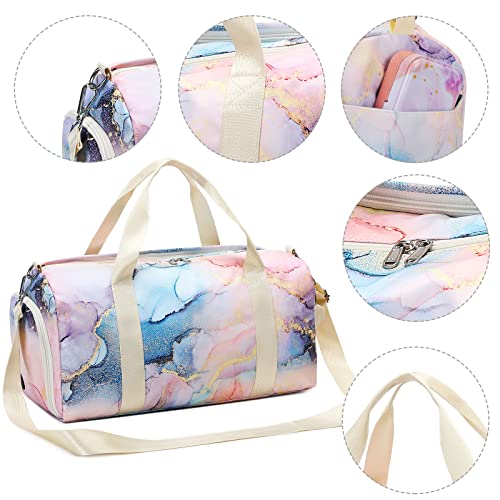 Duffle Bag for Gym Sports Women Girls Workout Travel Bag Weekender with Shoe Compartment and Wet Pocket (Marble 31 -Pink Blue)