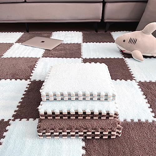 easycustomerlee 12pcs Interlocking Carpet Shaggy Soft EVA Foam Mats Fluffy Rugs Protective Floor Tiles Play Mats for Children Kids Room Home Parlor Bedroom(White)