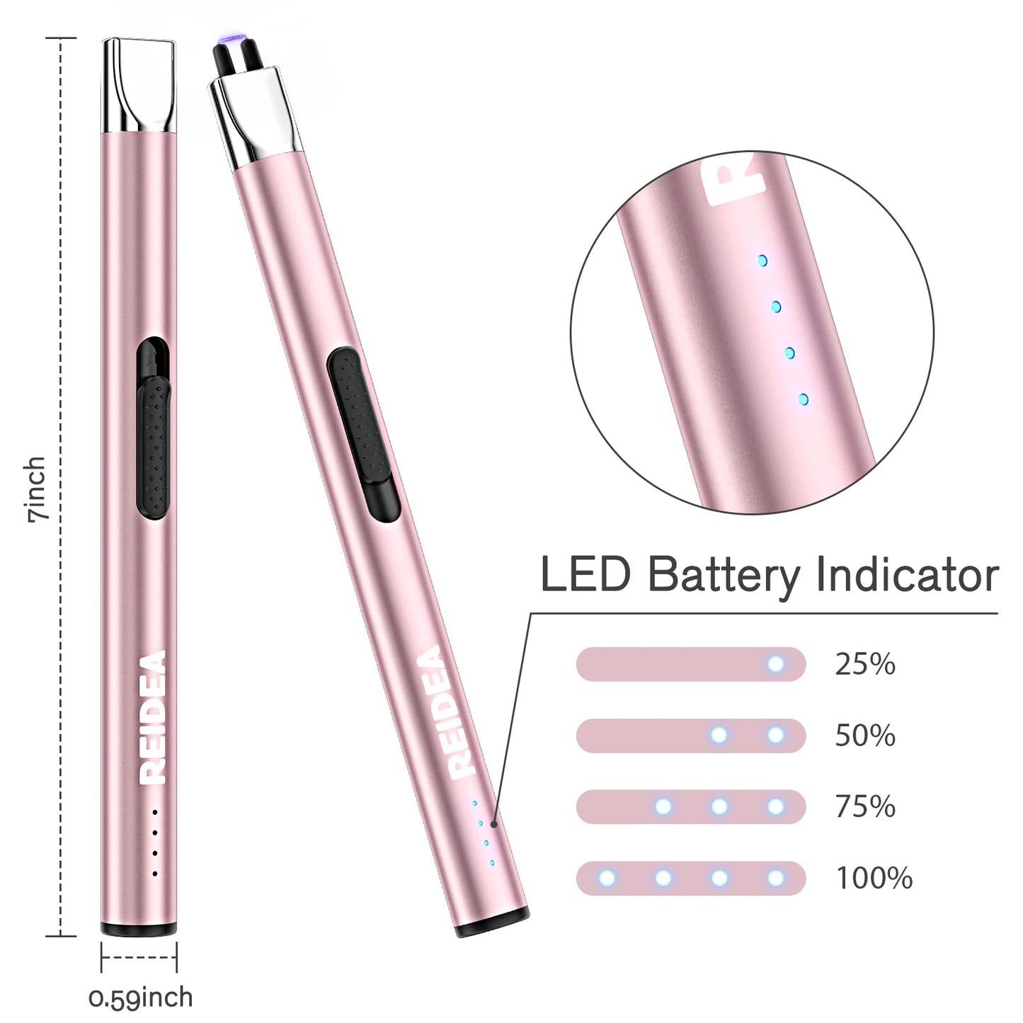 Electric Lighter 2 Pack REIDEA S4 Pro USB Rechargeable Safety Lock with LED Battery Indicator Flameless Windproof Arc Plasma Lighter for Candle, Fireworks (Rose Gold)