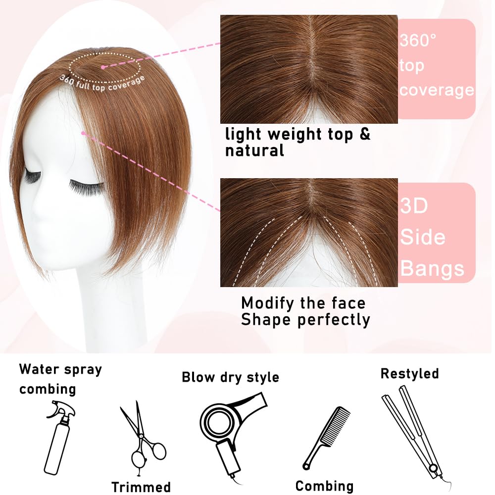 EROADE Toppers for Women Real Human Hair, 3D Human Hair Toppers for Women with Thinning Hair 165% Density Middle Part Clip in Bangs Toppers Hair Pieces (Light Brown, Side Bangs)