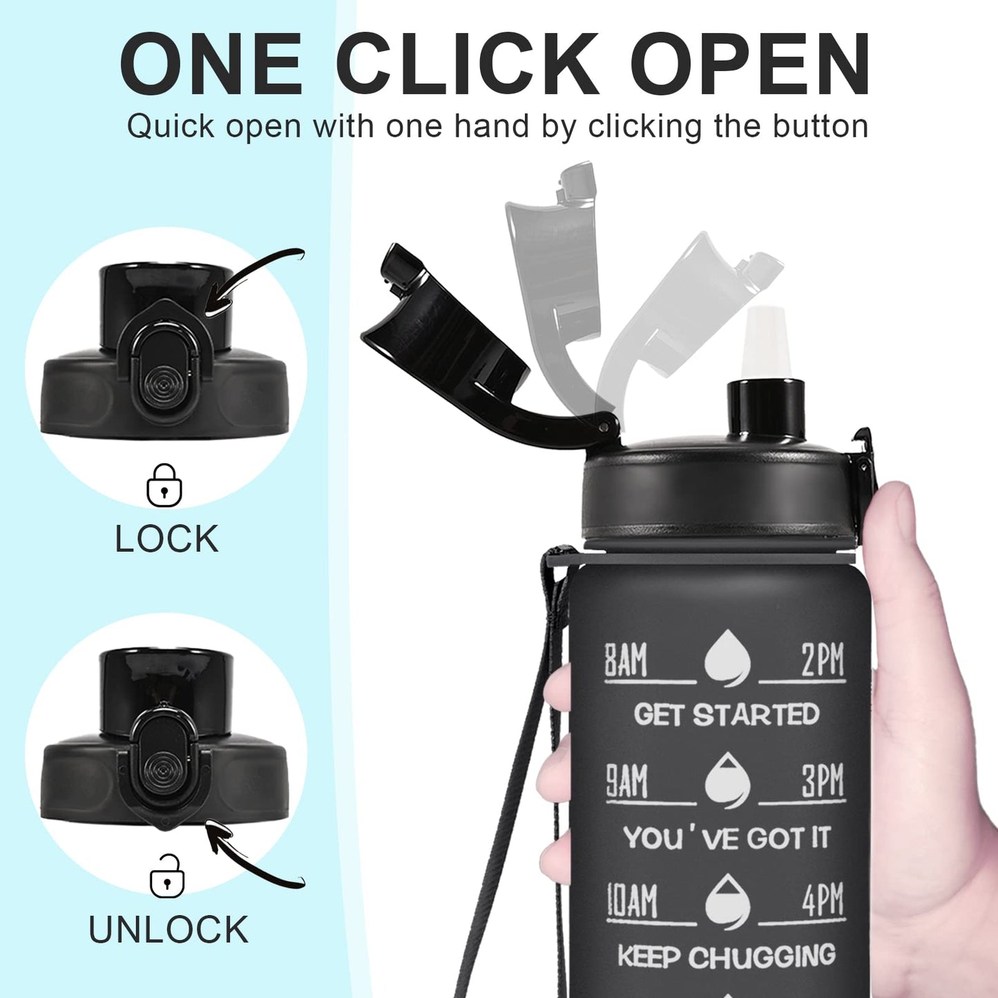 Enerbone 32 oz Water Bottle, Leakproof BPA & Toxic Free, Motivational Water Bottle with Times to Drink and Straw, Fitness Sports Water Bottle with Strap for Office, Gym, Outdoor Sports, Black Matte