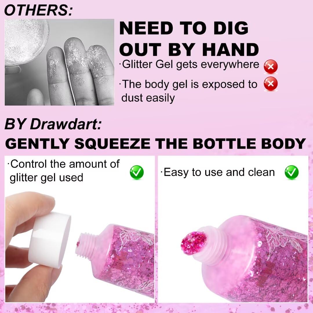 Drawdart Pink Body Glitter Gel,Singer Concerts Lover Heart Face Glitter Gel,Face Body Chunky Glitter Makeup for Festivals,Raves,Anime Cosplay - Safe for Face 50ml