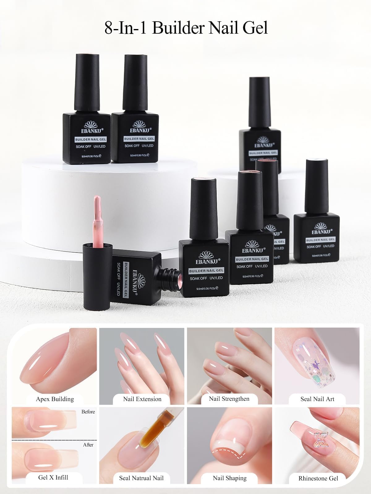 EBANKU Gel Builder for Nails Kit, 8 Colors 8 in 1 Sheer Pink Nude Builder Nail Gel Nail Strengthener Hard Gel for Nail Thickening French Manicure, Ultra-thin Brush in A Bottle, Summer Gifts for Women