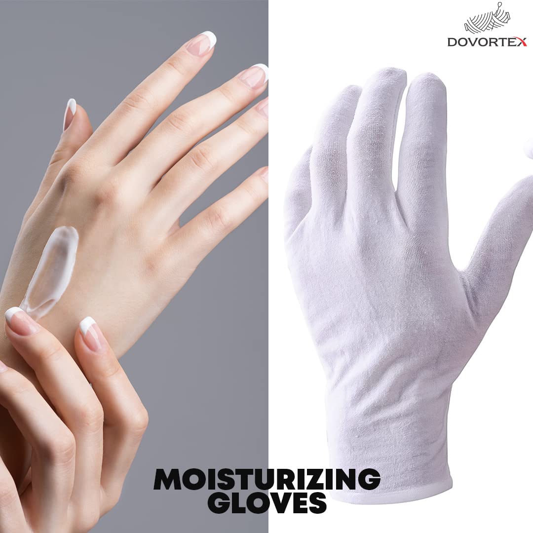 DOVORTEX 12 Pcs White Cotton Gloves| Cotton Gloves for Eczema| Cotton Gloves for Dry Hands| Moisturizing Gloves | Inspection Gloves| Coin Handling and Jewelry Inspection Gloves|