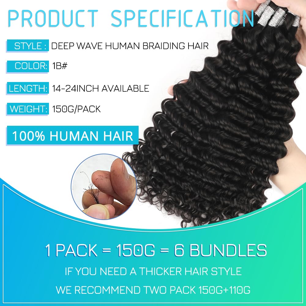 14 Inch 6 Bundles Human Hair Braiding Hair Human Braiding Hair No Weft Deep Wave Bulk Human Hair for Braiding Hair Extensions for Boho Braids 150g Natural Color#