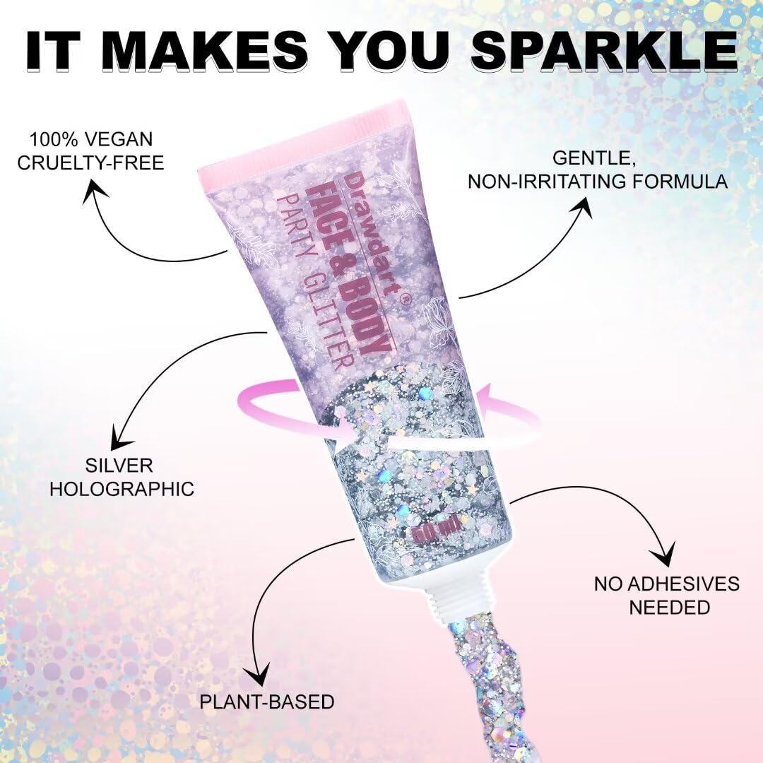 Drawdart Face & Body Glitter,Cosmetic-Grade Holographic Glitter Gel,50ml Silver Hair Glitter Gel,Rave Glitter,Mermaid Makeup Glitters for Women - Vegan & Cruelty Free