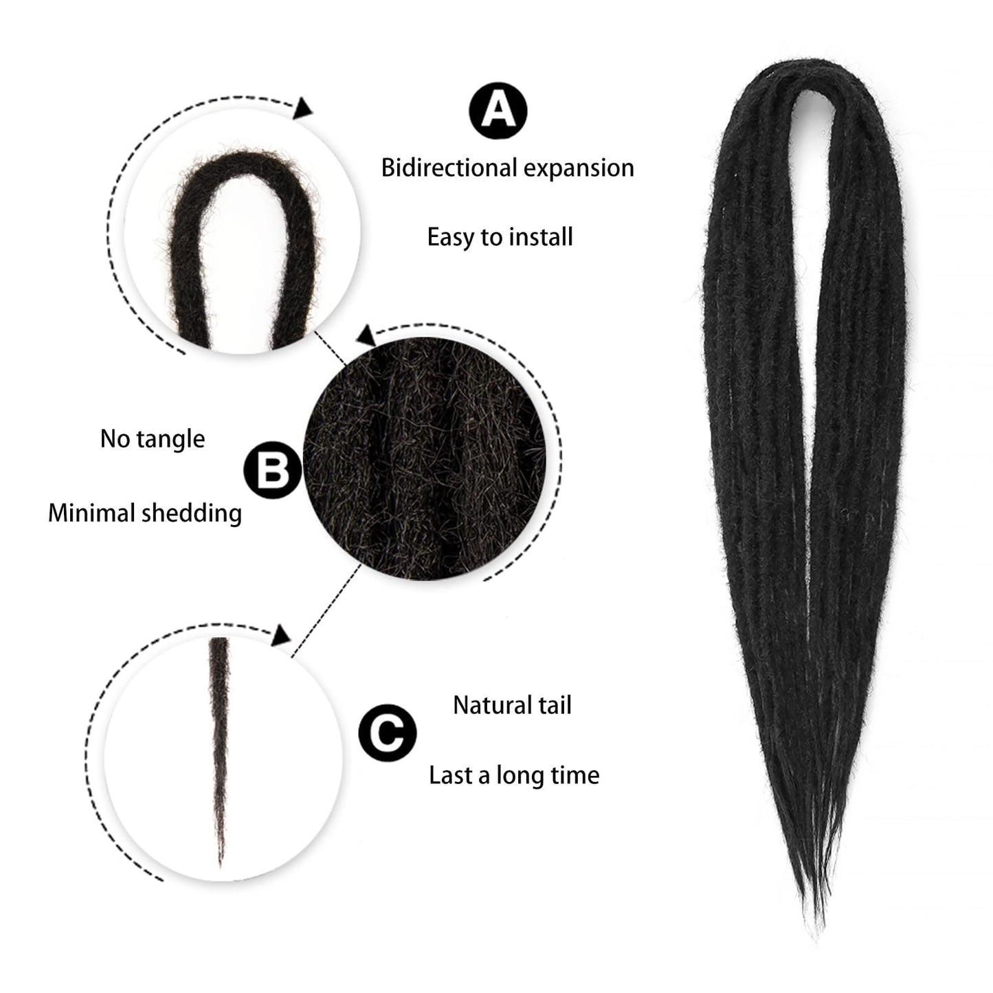 Double Ended Dreadlock Extensions 0.6CM Diameter Synthetic Hair 24Inch 20Strands Reggae Braids Hip-hop Style(Double Ended 20trands,1B)