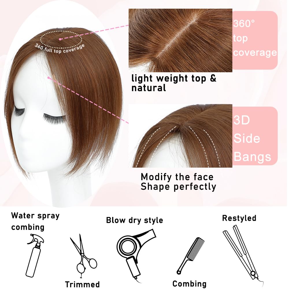 EROADE Toppers for Women Real Human Hair, 3D Human Hair Toppers for Women with Thinning Hair 165% Density Middle Part Clip in Bangs Toppers Hair Pieces
