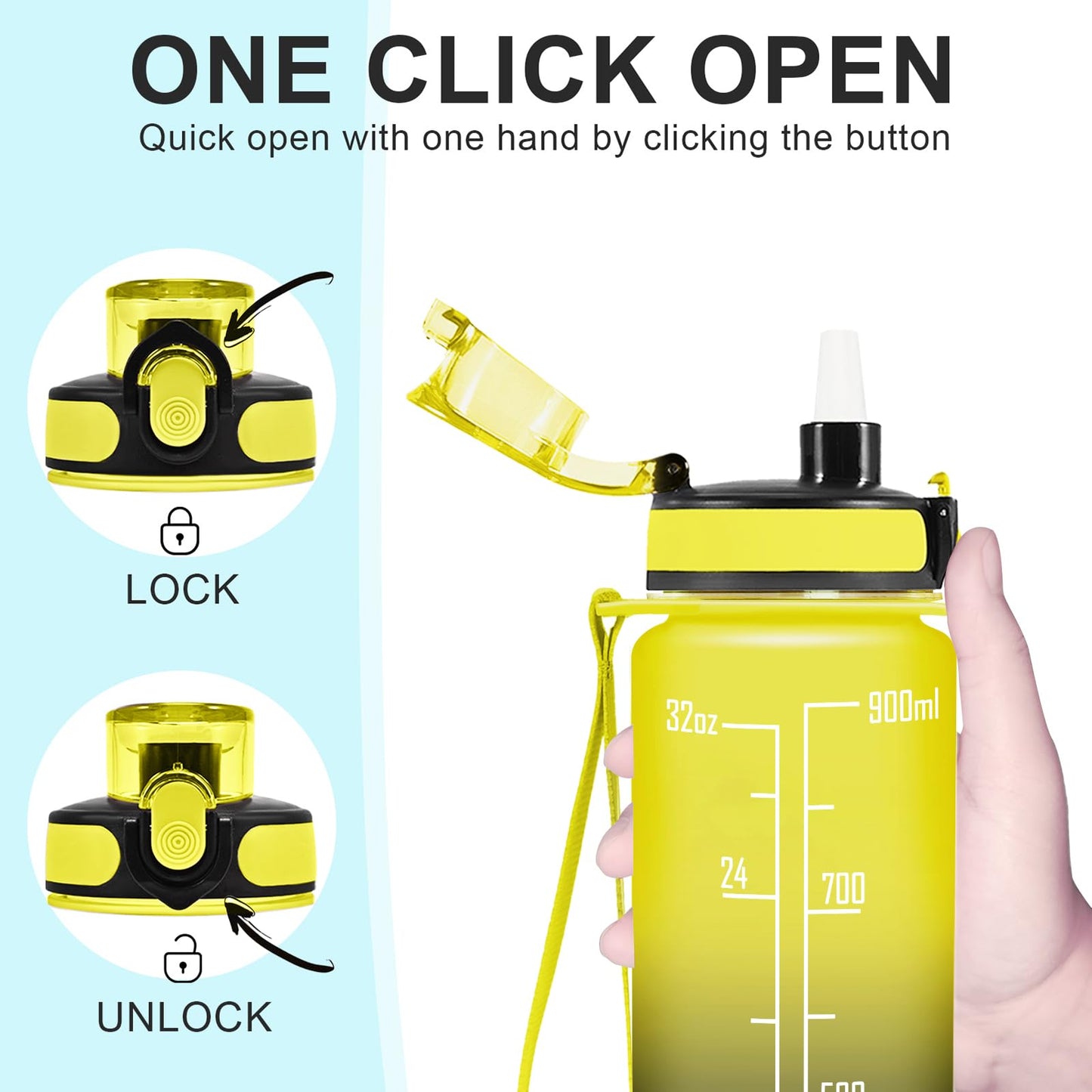 Enerbone 32 oz Water Bottle, Leakproof BPA & Toxic Free, Motivational Water Bottle with Times to Drink and Straw, Fitness Sports Water Bottle with Strap for Office, Gym, Outdoor Sports