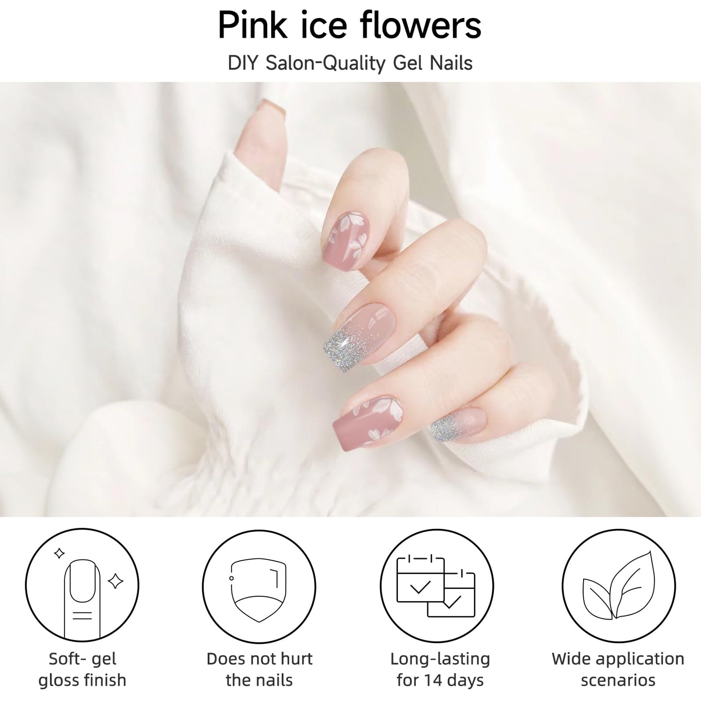 DUKASOU Semi Cured Gel Nail Strips, Pink ice Flowers | 28 pcs Gel Nail Strips Work with Any UV Lamp, Salon Quality UV Nails Stickers, Easy to Apply for Home Nails DIY
