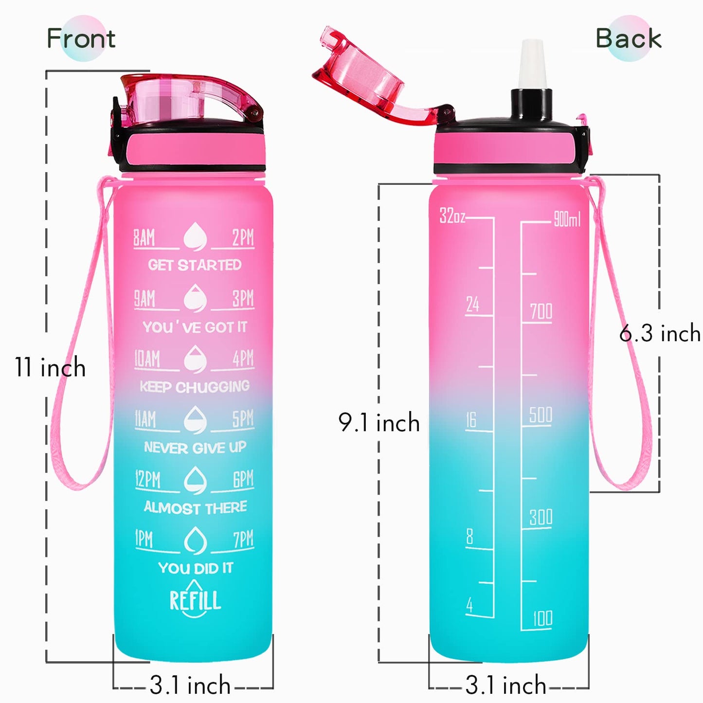 Enerbone 32 oz Water Bottle, Leakproof BPA & Toxic Free, Motivational Water Bottle with Times to Drink and Straw, Fitness Sports Water Bottle with Strap for Office, Gym, Outdoor Sports, Pink-Green