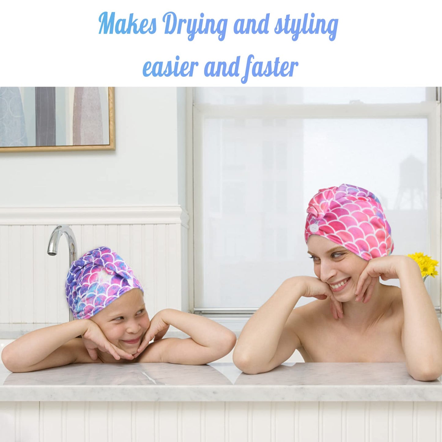 ELLEWIN Microfiber Hair Towel Wrap for Kids Girls 2 Pack Hair Turban Drying for Women Set Absorbent Quick Dry Twisty Anti Frizz Towel for Curly Long Thick Hair (Mermaid)